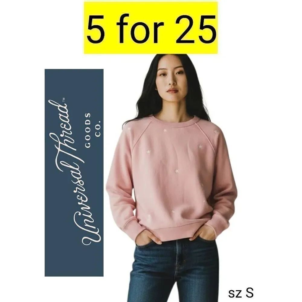 Soft Pink w Embroider White Stars Long Sleeve Comfy Sweatshirt Universal Thread